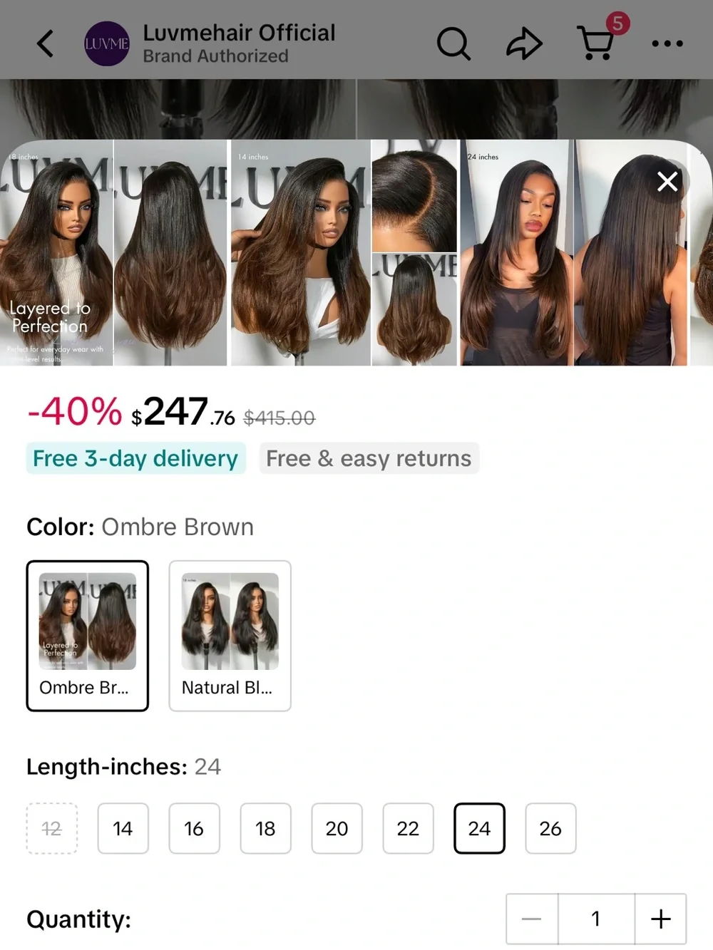 LUVME hair Yaki Straight Women's Human Hair Wig - Dark Brown Ombre